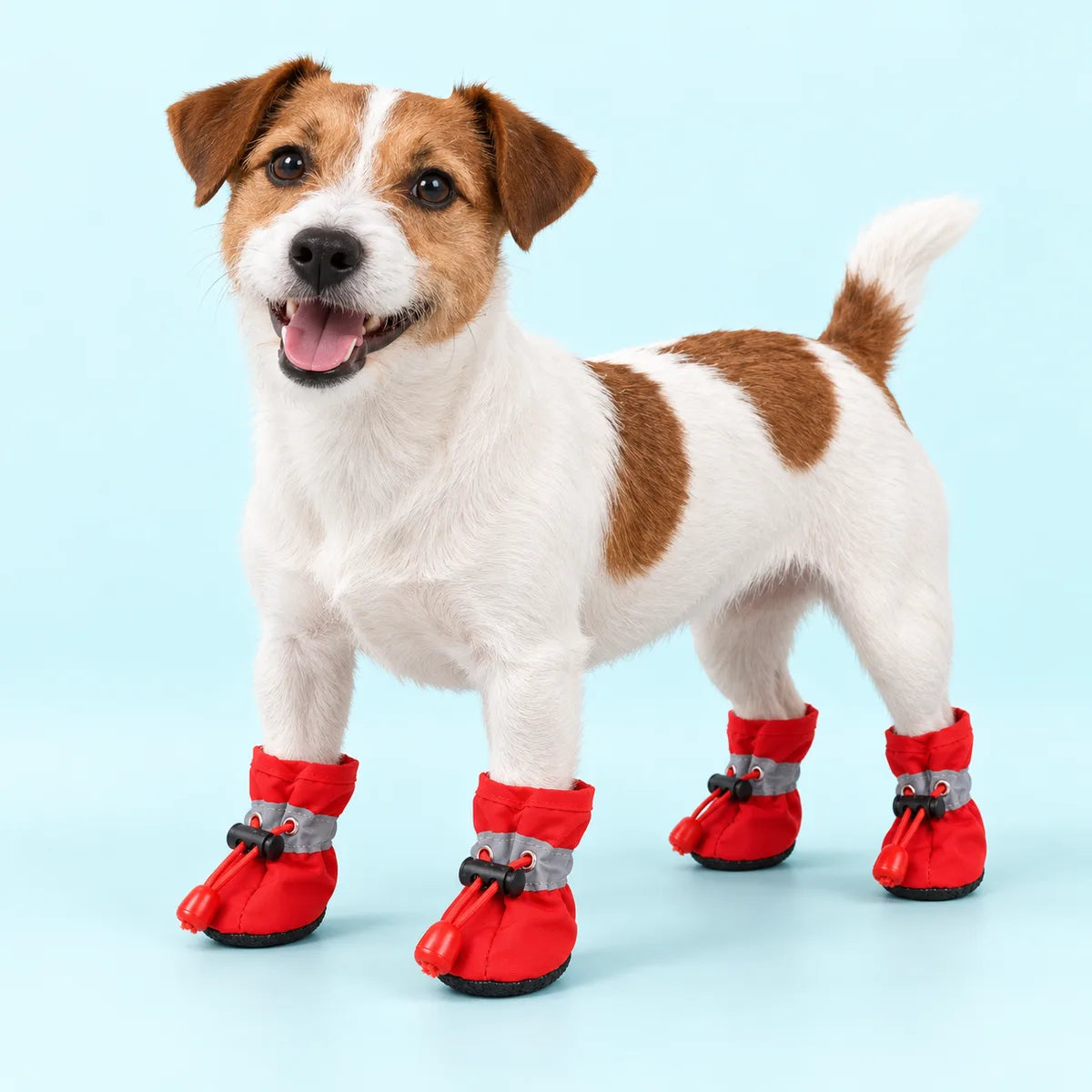 ג'ק ראסל טרייר עם ארבעה מגפיים אדומים עמידים למים